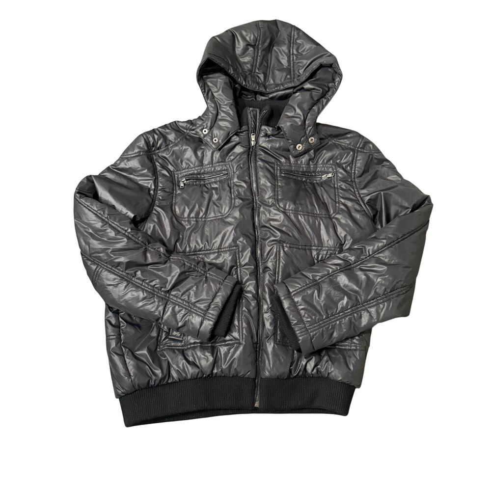 Perry Ellis XL Black Nylon Puffer Bomber Jacket Hooded Full Zip Men Fall Winter